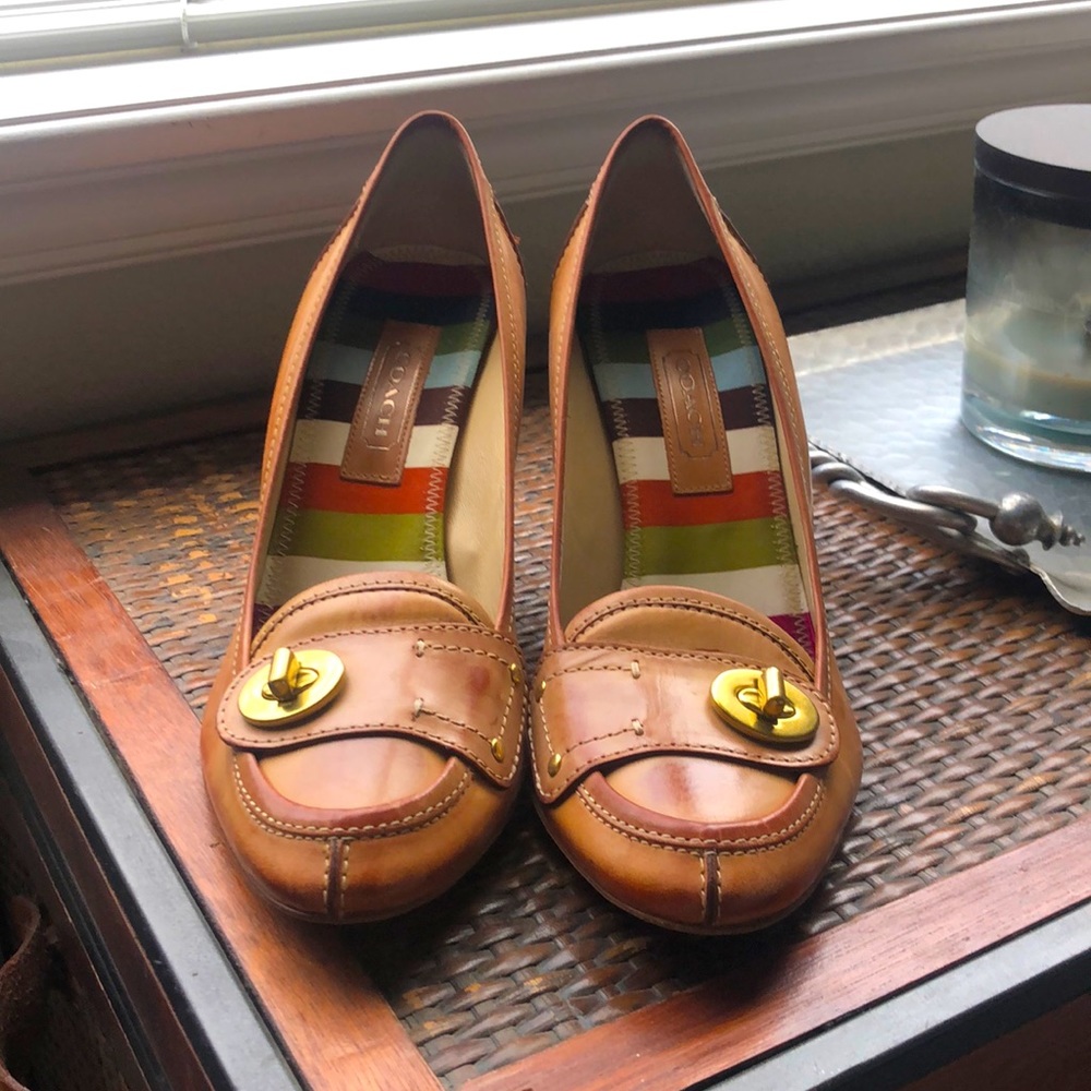 COACH Leather High Heel with Gold Buckle